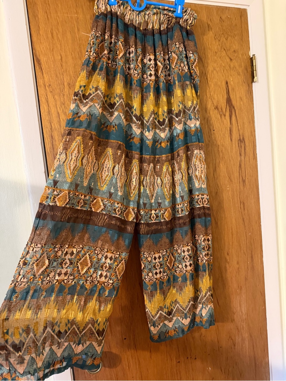Bohemian Wide-Leg Printed Pants in Teal, Mustard & Brown